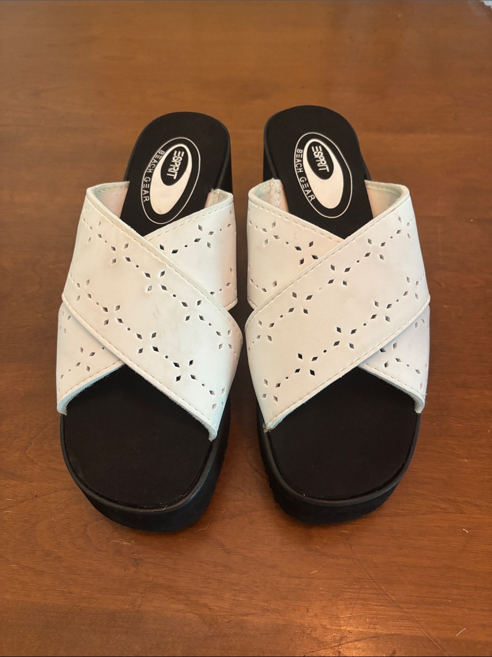 Vintage 90s Esprit Beach Gear Platform Sandals White Eyelet Criss Cross Size 7